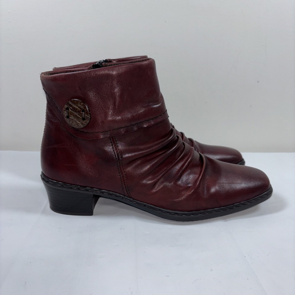 Rieker Kendra 40 Burgundy Soft Leather Ankle Boots Slouch Shoes Zip Up Comfort